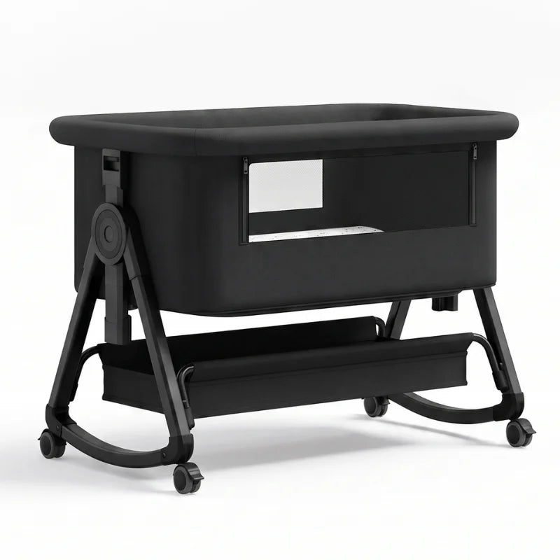 Bedside Crib Vyssa by LV i svart med förvaringskorg under liggytan