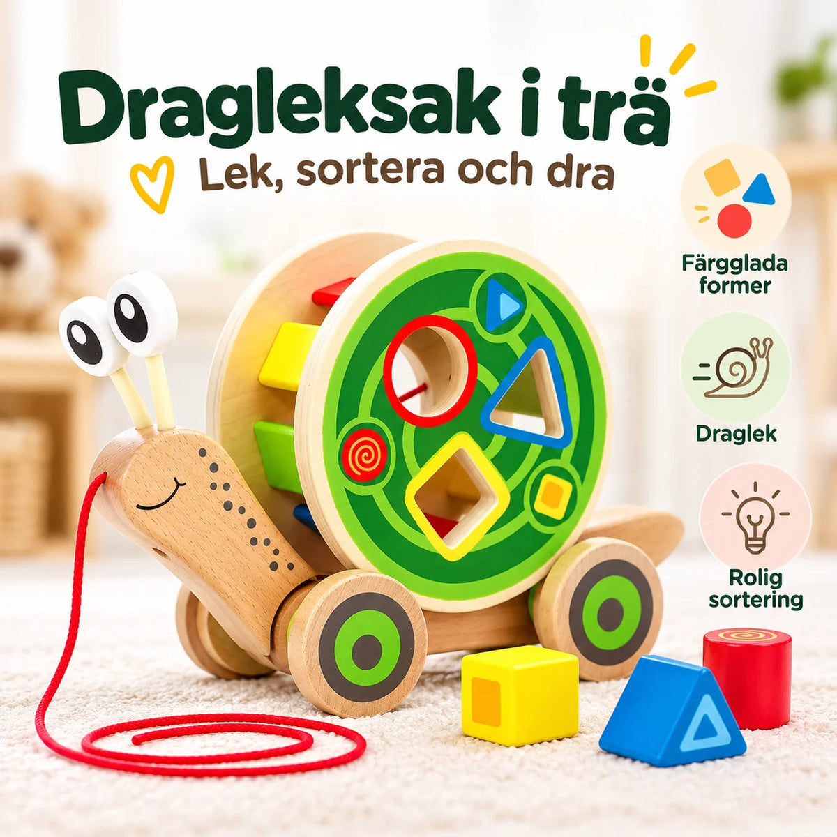 Dragsnigel med byggklossar i Trä