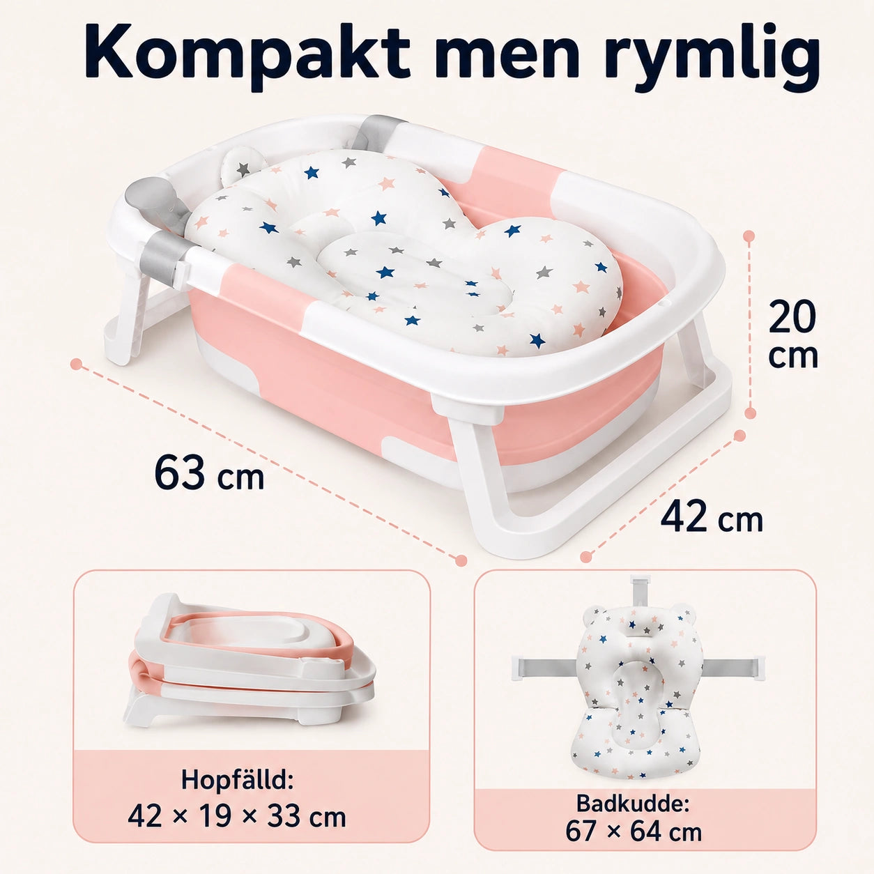 Hopfällbart Babybadkar med Badkudde samt Temperaturindikator