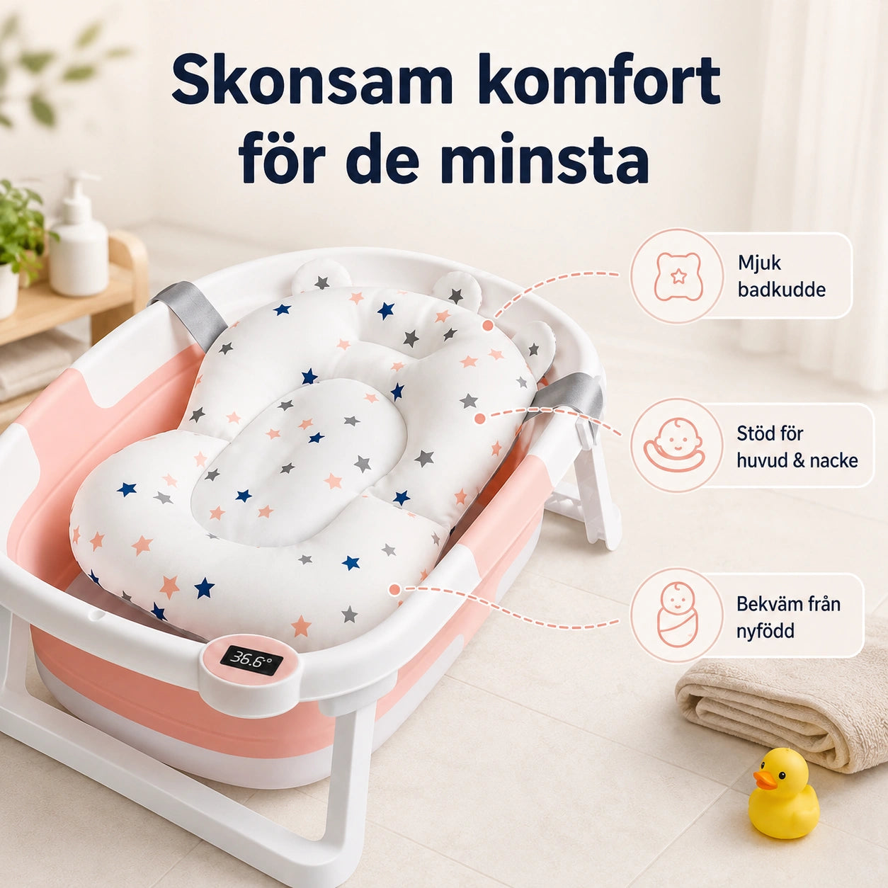Hopfällbart Babybadkar med Badkudde samt Temperaturindikator