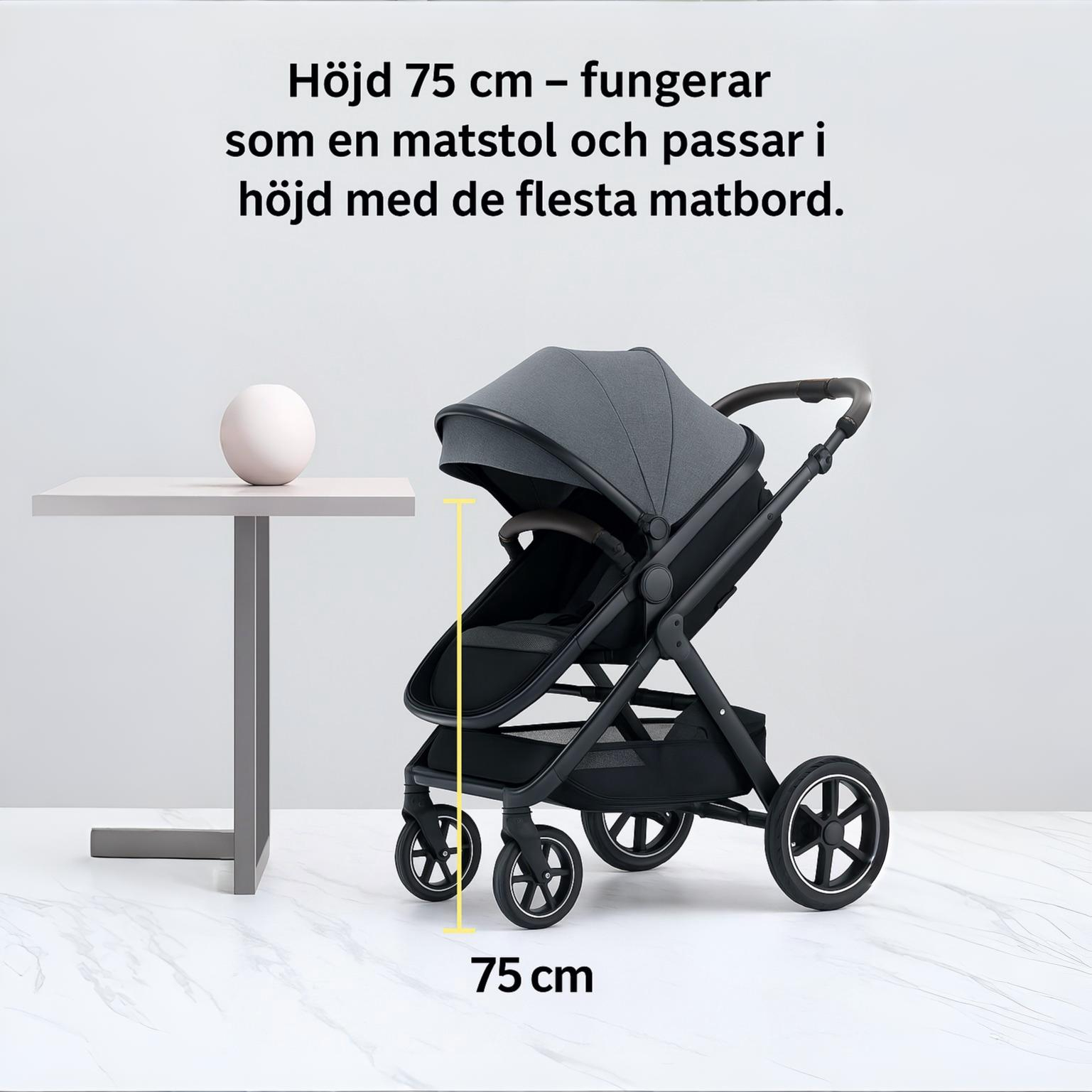 barnvagnens sitthöjd (75 cm från marken), vilket gör att vagnen kan användas som en tillfällig matstol. Barnvagnen har en modern design med en mörkgrå sits och svart ram. Texten förklarar att höjden är optimal för att barnet ska kunna vara med vid matbordet – praktiskt både hemma och på restaurang.