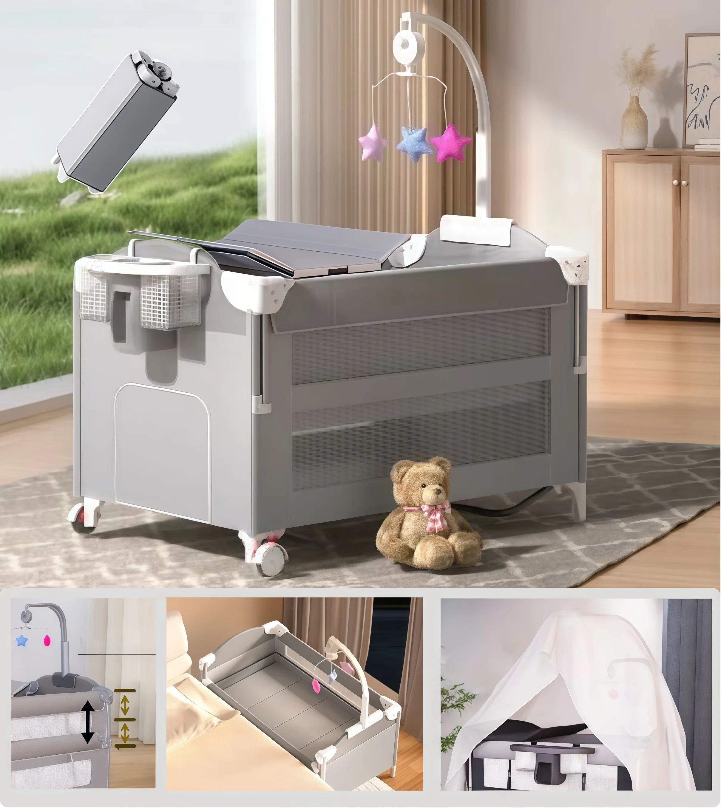 Bedside Crib Resesäng Barn UrbanMove Grå