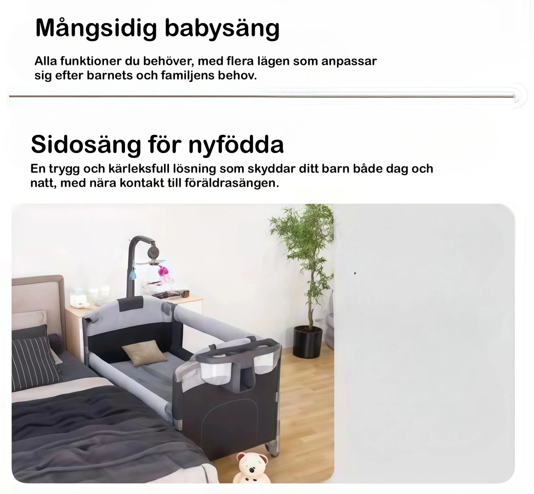 Mångsidig babysäng samt sidosäng för nyfödda