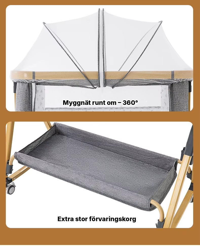 Myggnät som täcker hela Bedside Crib Vyssa och rymlig förvaringskorg under liggytan