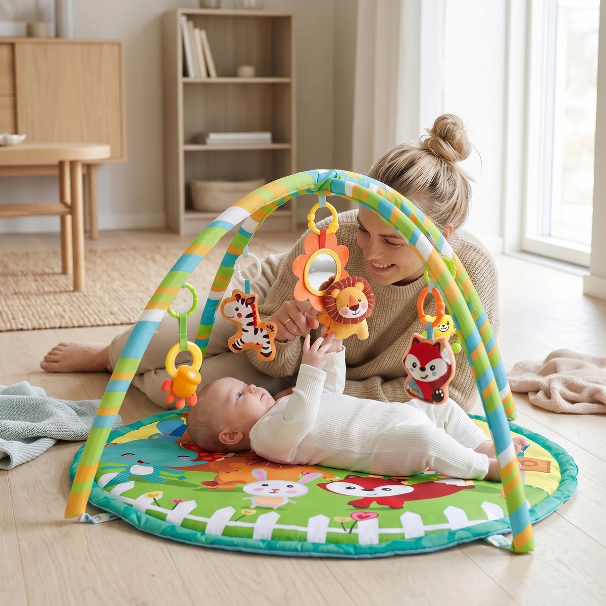Babygym Adventure Zoo i vardagsrummet – bebis leker under bågarna med mamma bredvid
