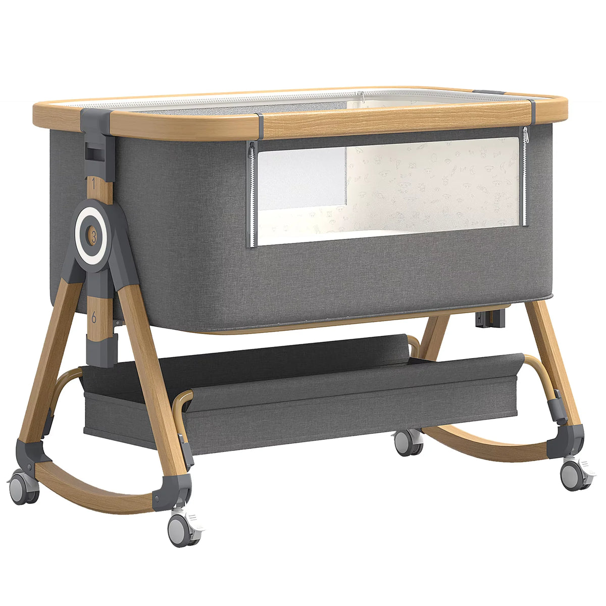 Bedside Crib Vyssa by LV i grått med ram i trälook, förvaringskorg och vaggmedar på hjul