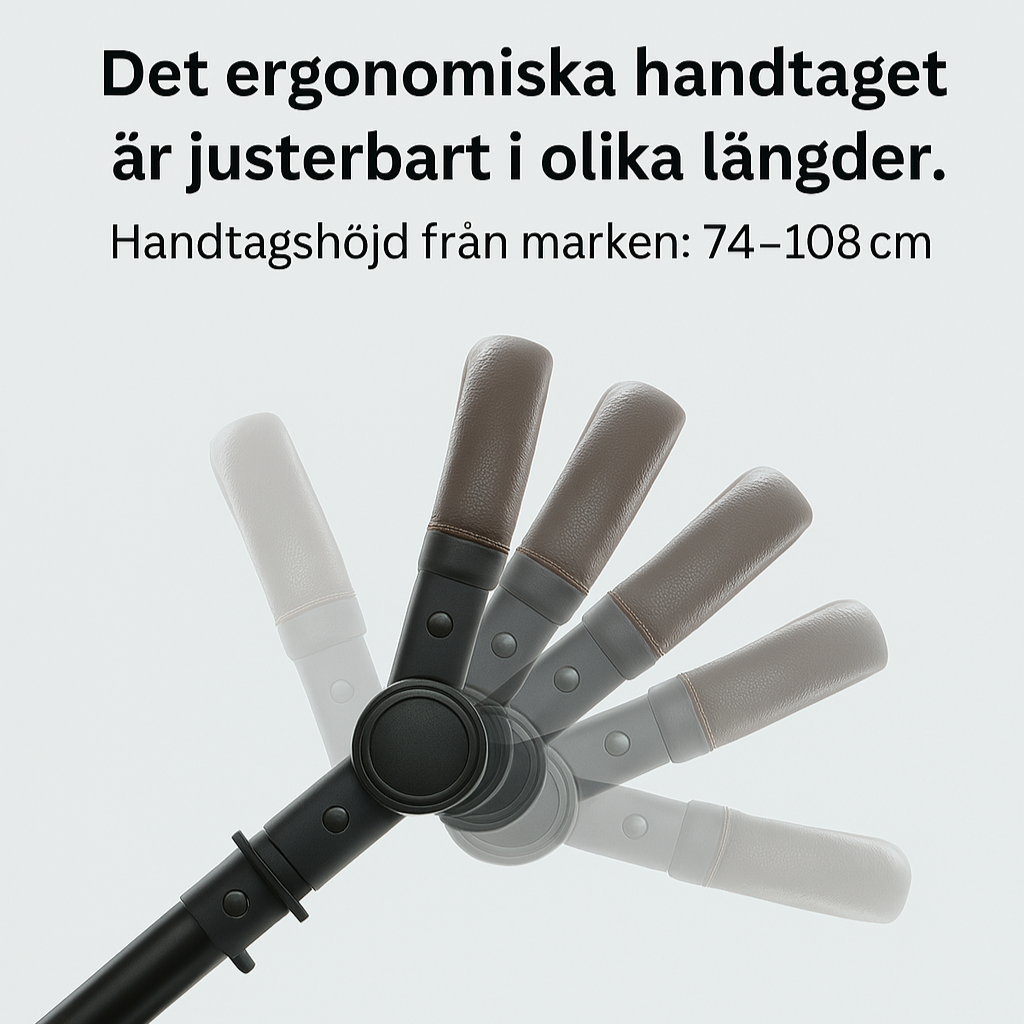 Handtaget är vadderat och klätt i mörkbrunt konstläder, med tydliga sömmar. Justeringsmekanismen är svart och robust, och handtagets olika positioner illustreras genom en skuggad sekvens. Fokus ligger på handtagets ergonomi och anpassningsbarhet – perfekt för föräldrar med olika kroppslängder.