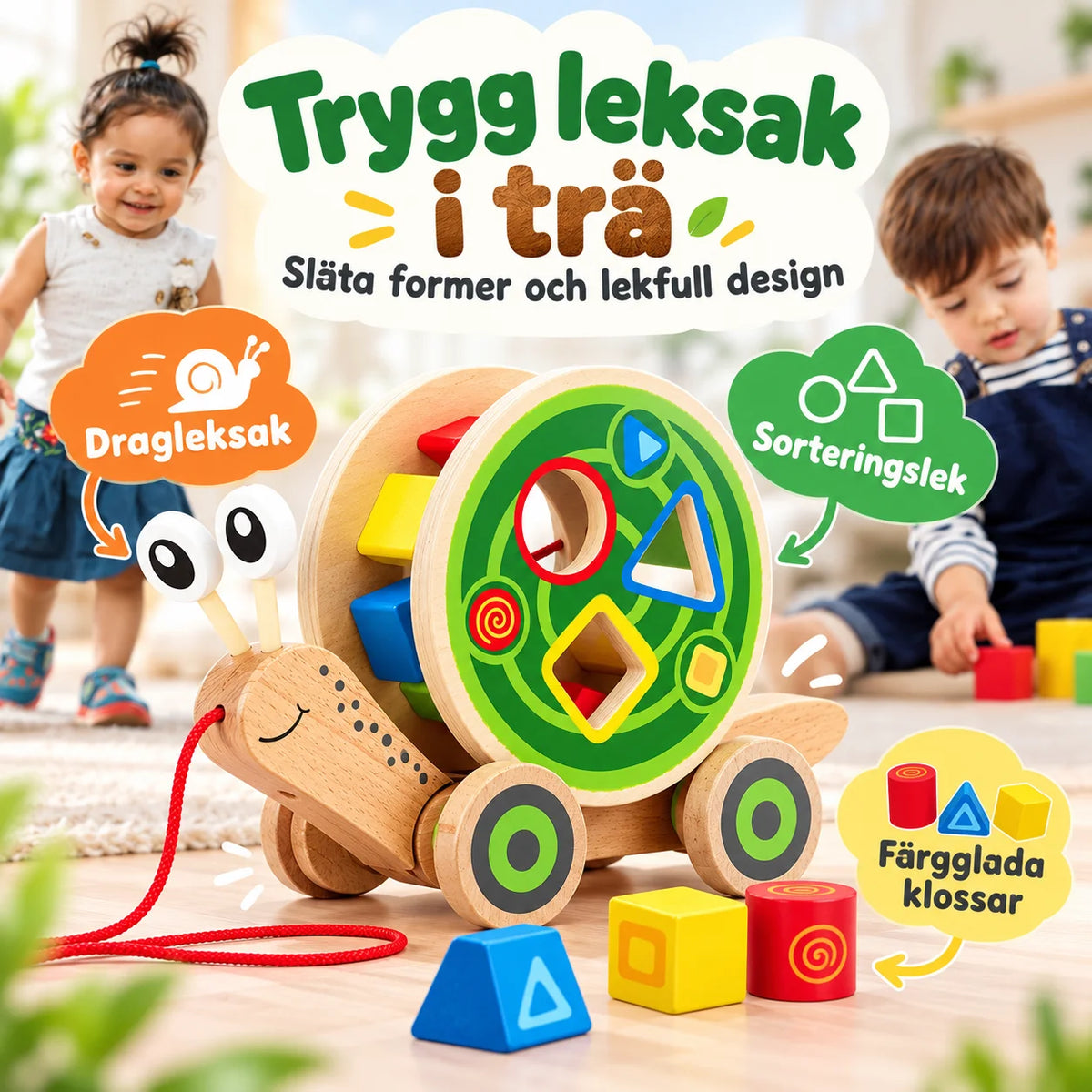 Dragsnigel med byggklossar i Trä