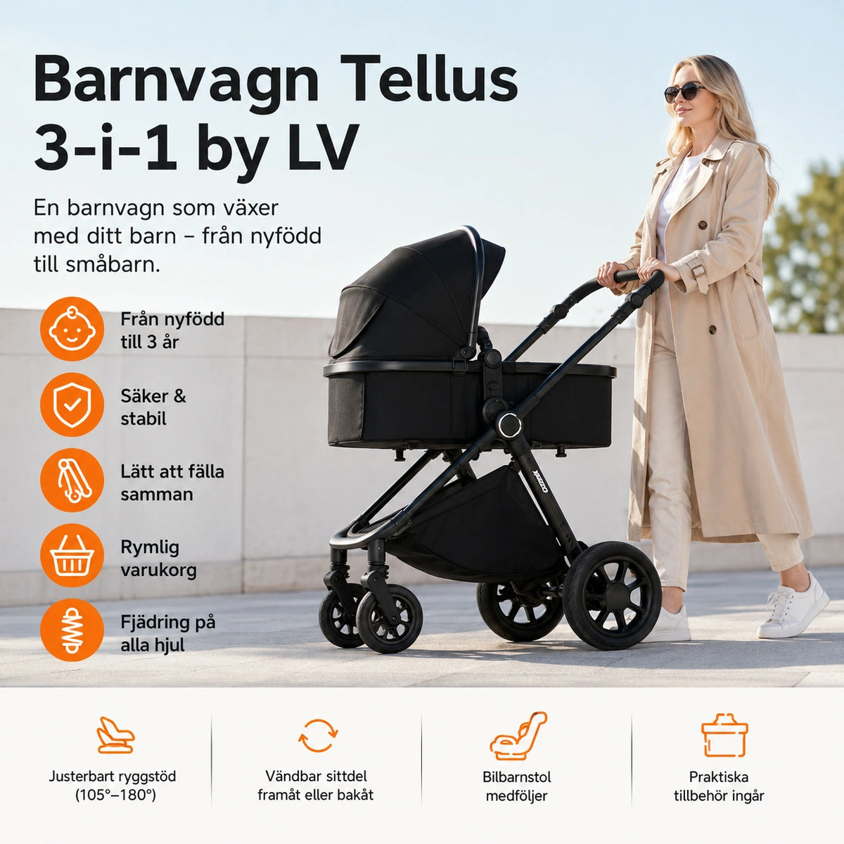 Kvinna som är ute och går med vagnen sedd från profil.