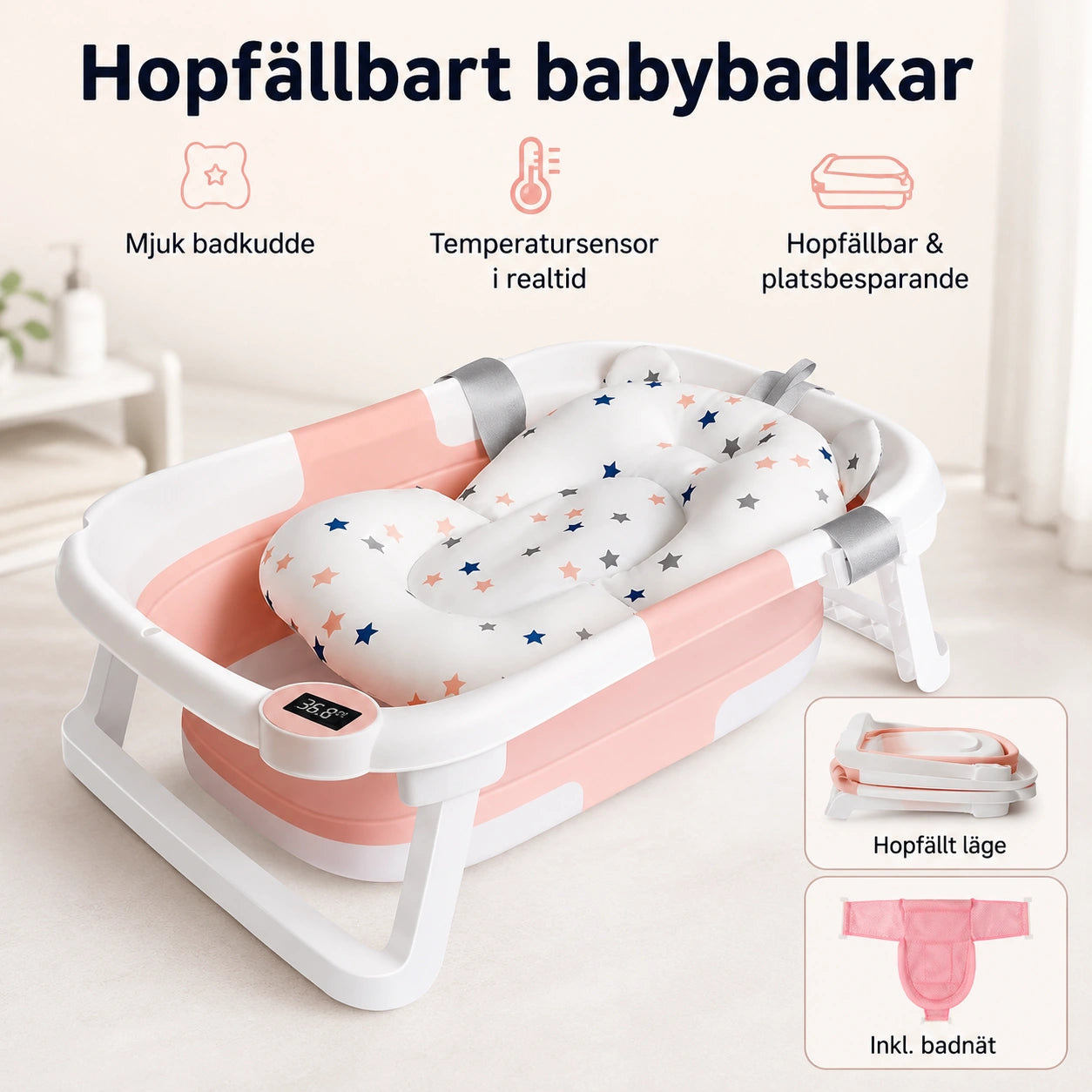 Hopfällbart Babybadkar med Badkudde samt Temperaturindikator