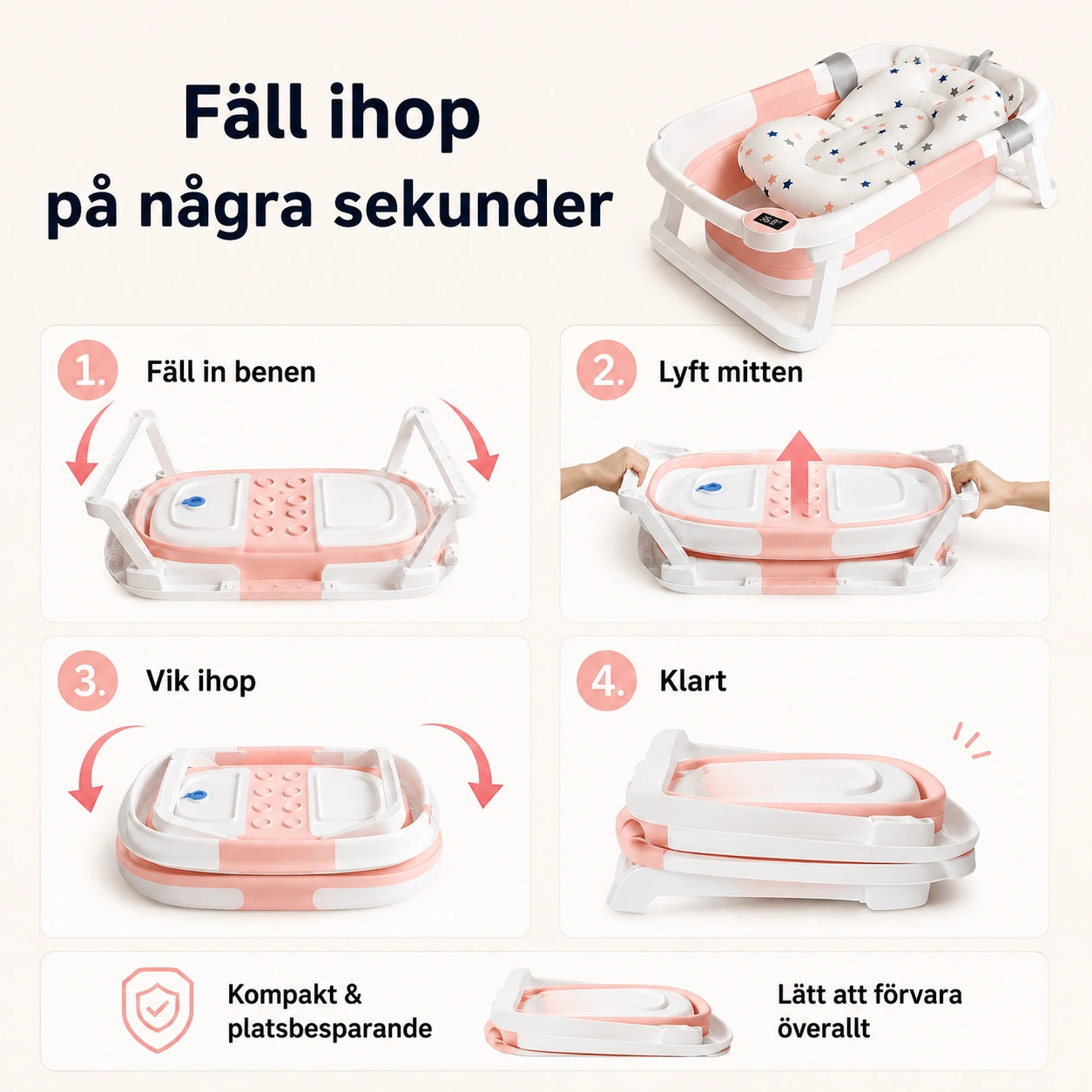 Hopfällbart Babybadkar med Badkudde samt Temperaturindikator