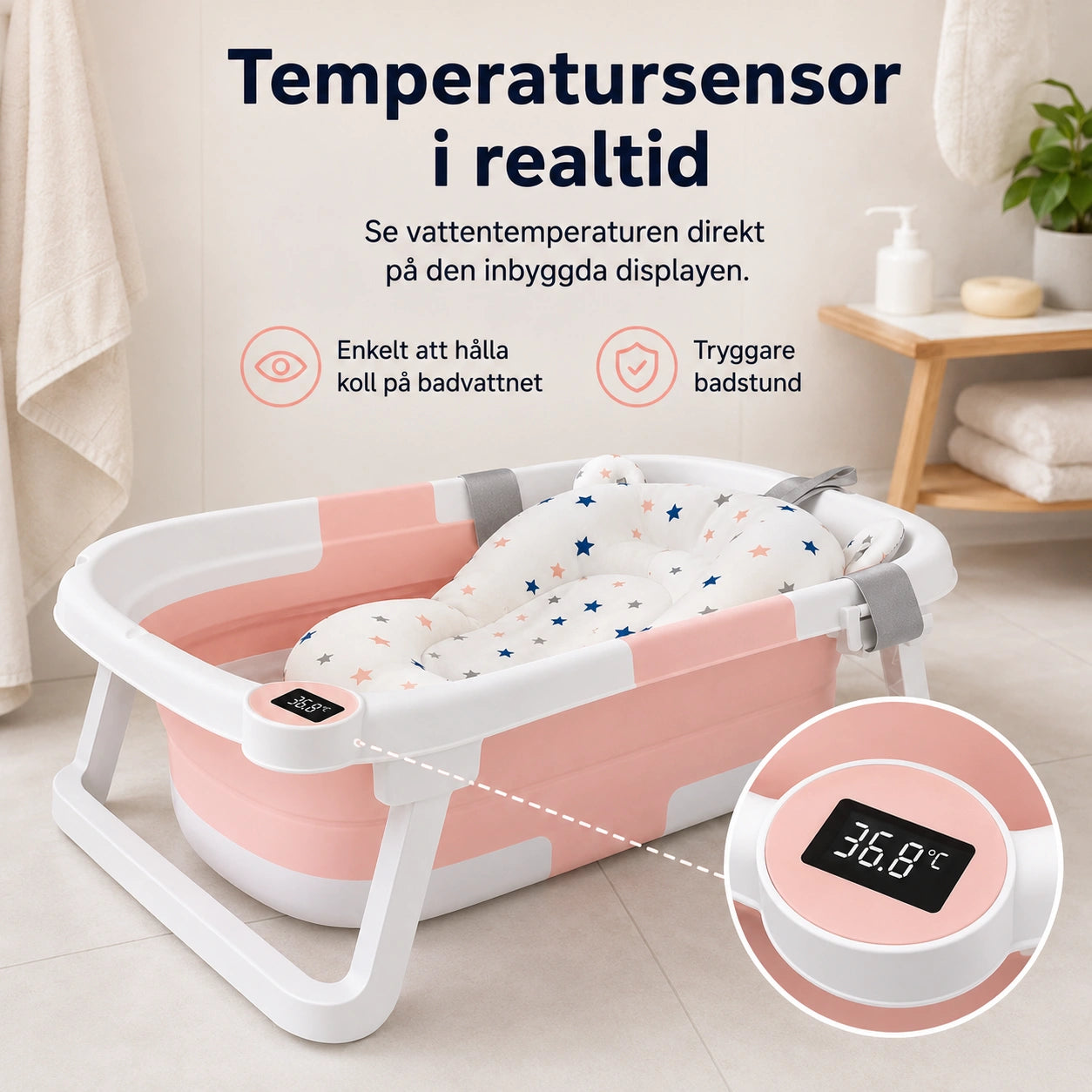 Hopfällbart Babybadkar med Badkudde samt Temperaturindikator
