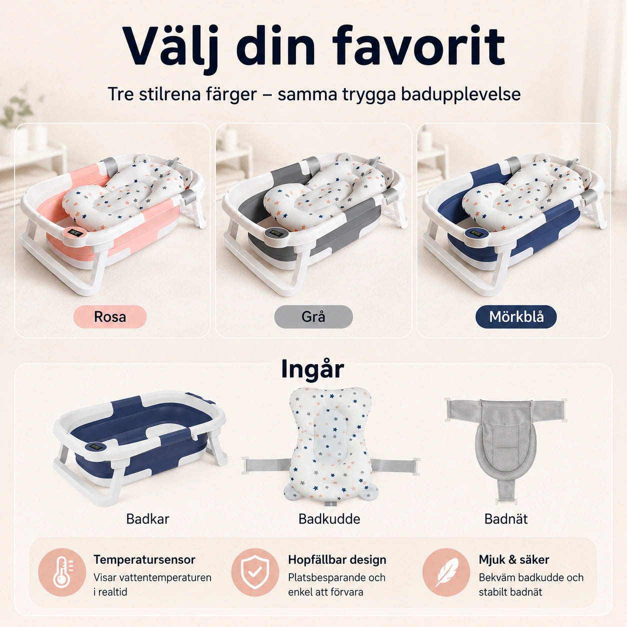 Hopfällbart Babybadkar med Badkudde samt Temperaturindikator