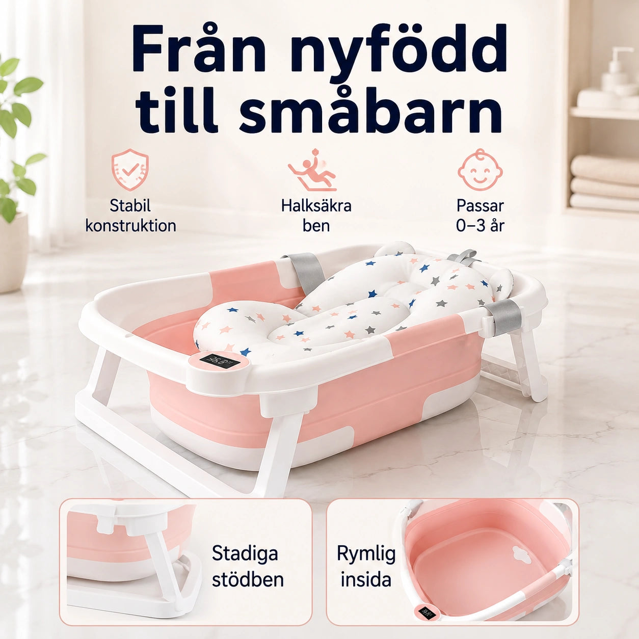 Hopfällbart Babybadkar med Badkudde samt Temperaturindikator