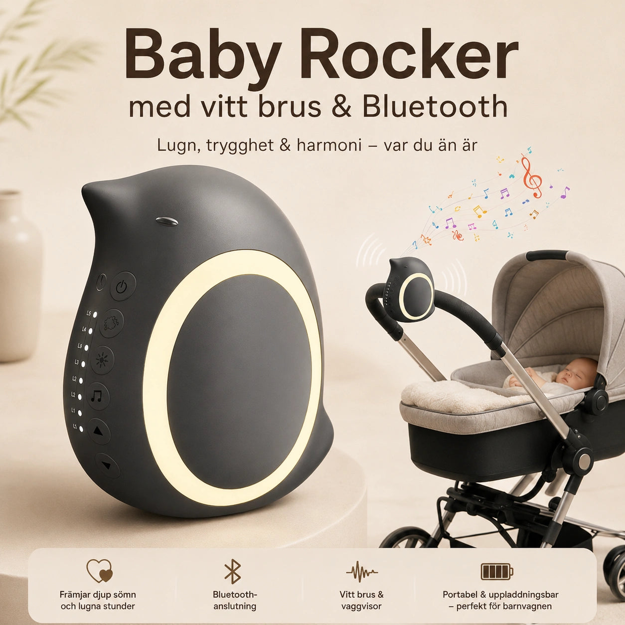 Baby Rocker med Vitt brus och Bluetooth