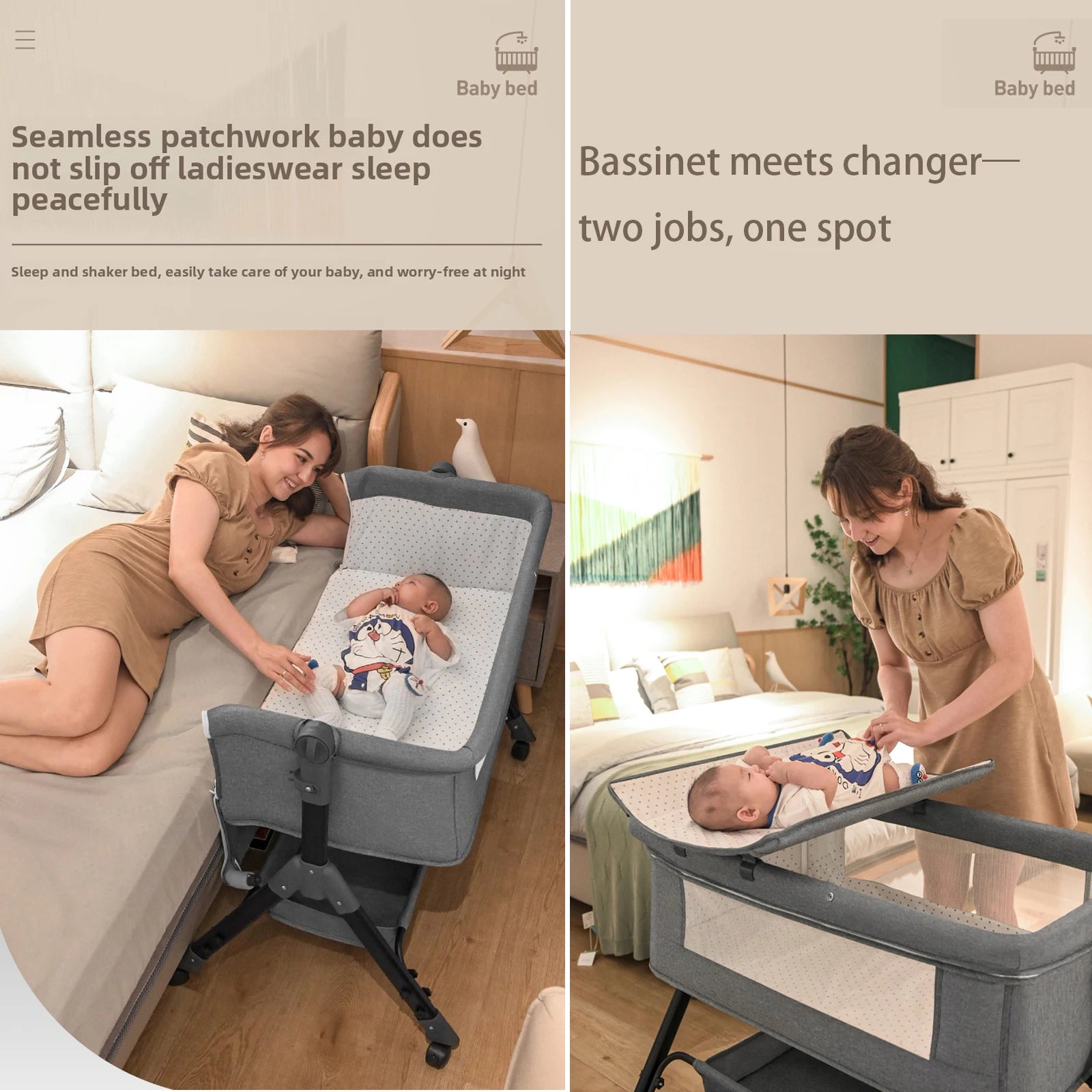 Bedside Crib med öppen sida samt med skötbord