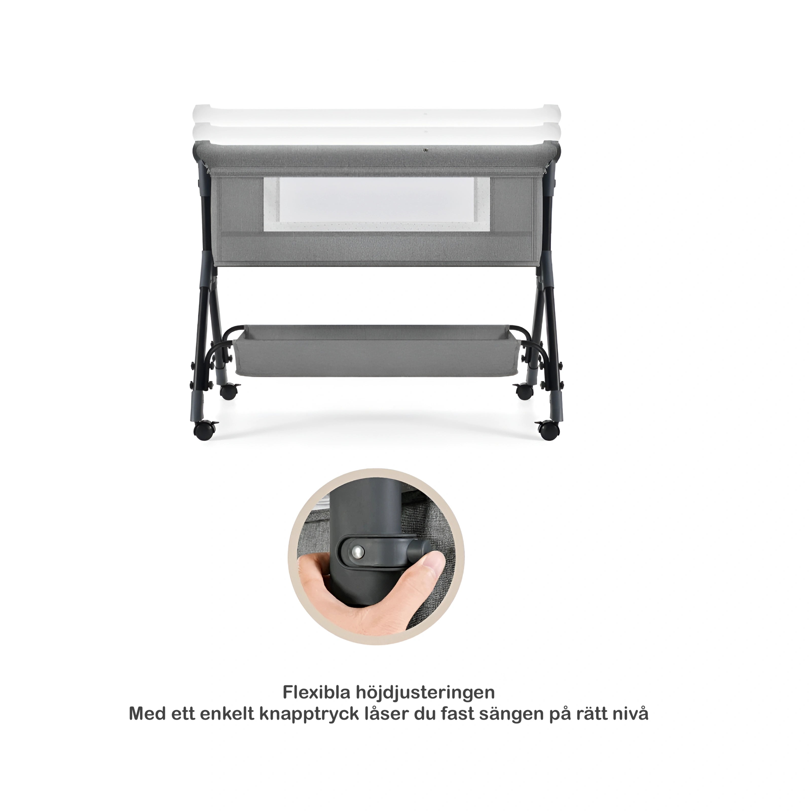 Bedside Crib DreamNest by LV med andningsbar mesh runtom för ventilation och fri sikt