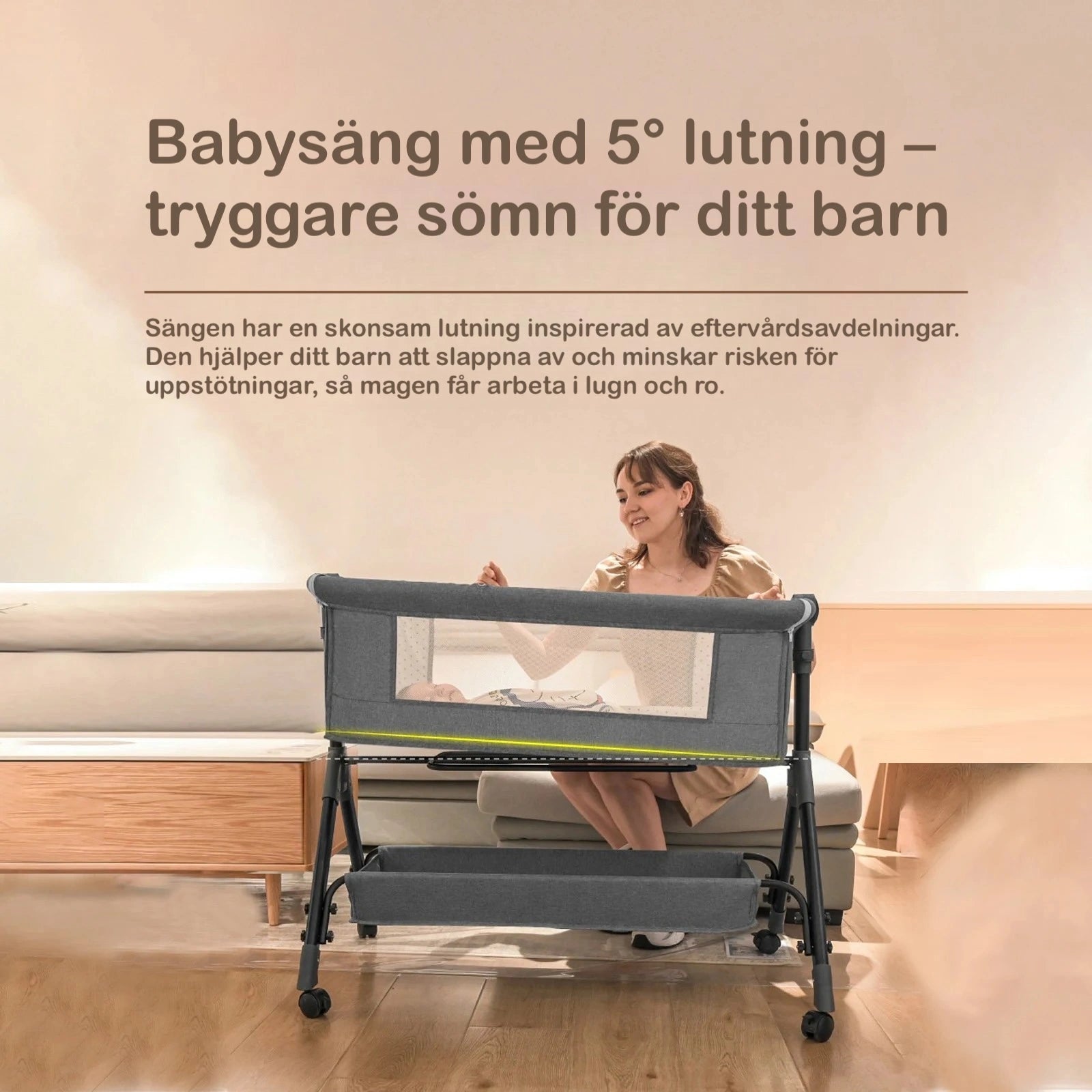 Bedside crib med tre justerbara höjdlägen för perfekt anpassning till föräldrasängen