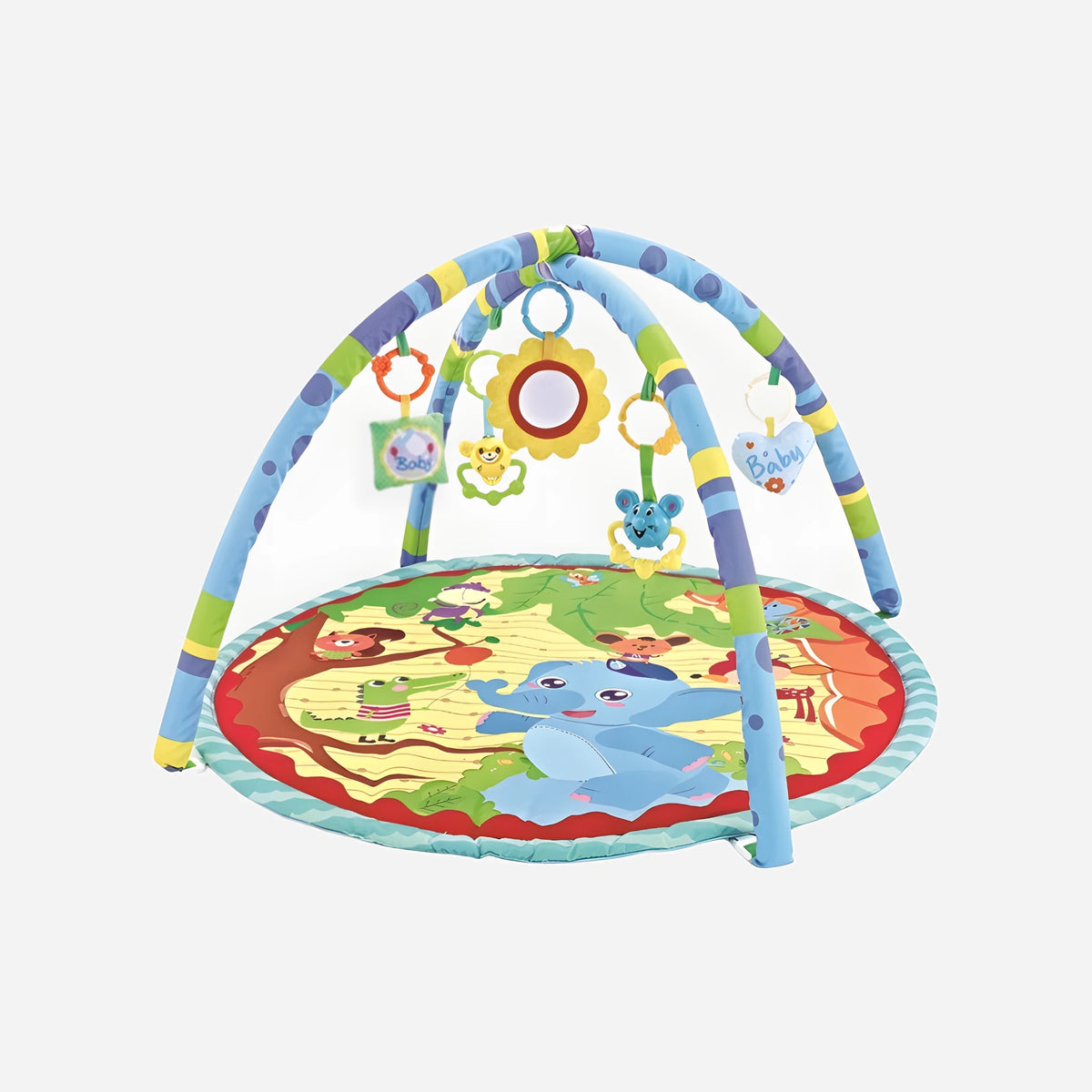 Babygym Adventure Safari – lekmatta med djungelmotiv, bågar och hängande leksaker