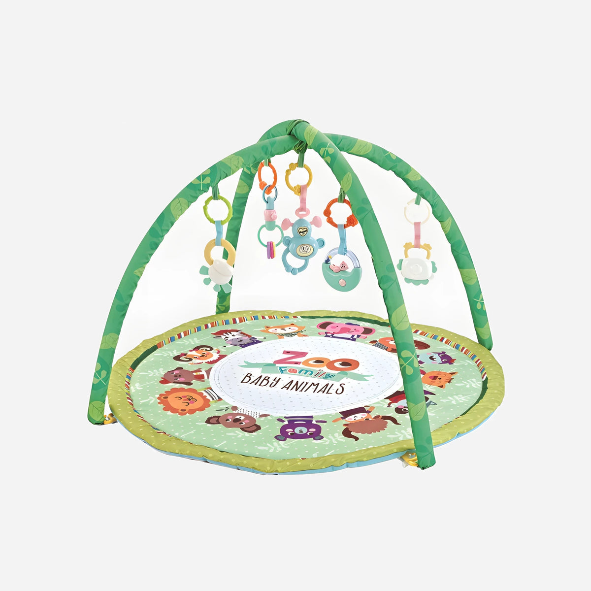 Babygym Adventure Zoo Familjen – lekmatta med djurmotiv, gröna bågar och hängande leksaker