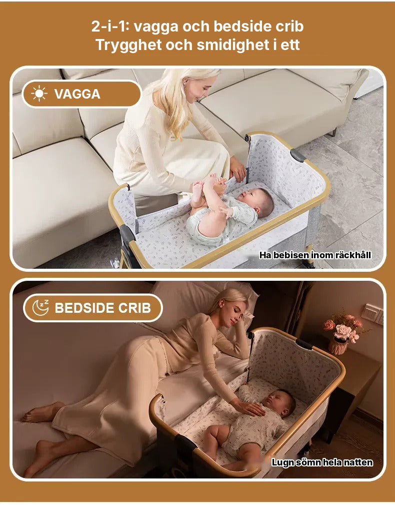 Bedside Crib Vyssa som fristående vagga och som bedside crib fäst vid föräldrarnas säng
